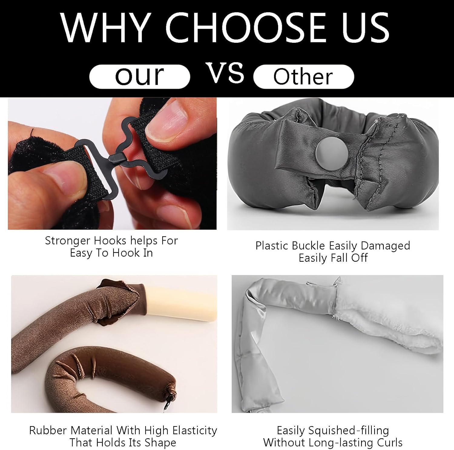 Heatless Hair Curler Rod Headband for Women Girls, Sleep Overnight Heatless Curling Rollers Set Styling Tools, 4 Pack Black Curling Rods with One Silk Head Scarf image number 5