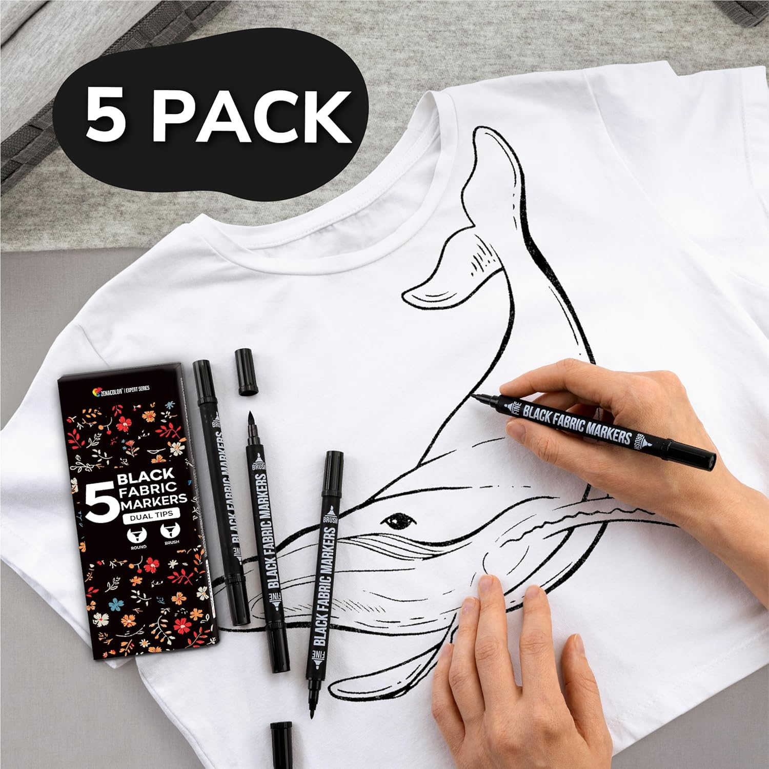 Zenacolor 5 Dual-Tip Black Fabric Markers Permanent for Clothes - Fabric Paint Pens for Personalizing Shirts Bags Hats Canvas and Textiles image number 3