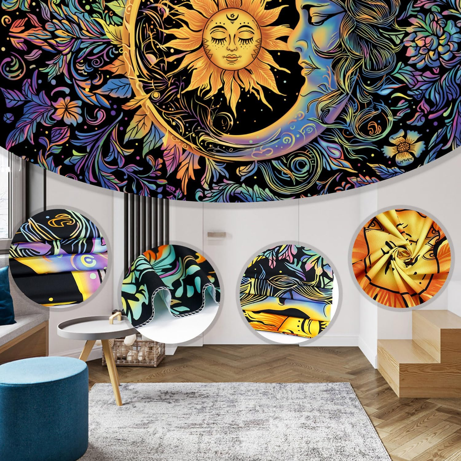 Sun and Moon Tapestry Psychedelic Mystic Floral Tapestry Hippie Boho Flower Plants Wall Tapestry Vintage Aesthetic Tapestry Wall Hanging for Bedroom image number 5
