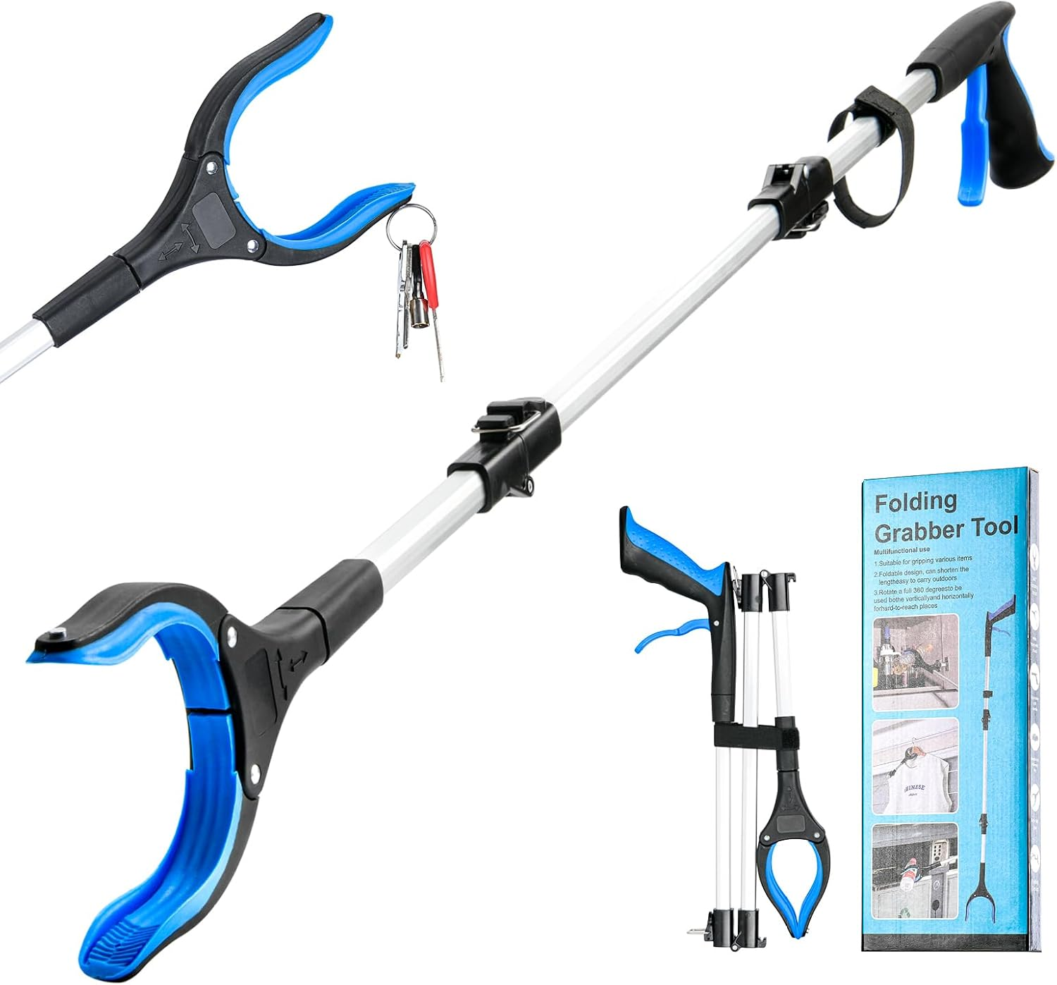 43 Inch Extra Long Grabber Tool,Foldable Pick up Stick with Strong Grip Magnetic,360&deg;Rotating Anti-Slip Jaw,Trash Claw Grabber Tool,Trash Picker Tool for Outdoor & Indoor(Blue) image number 1
