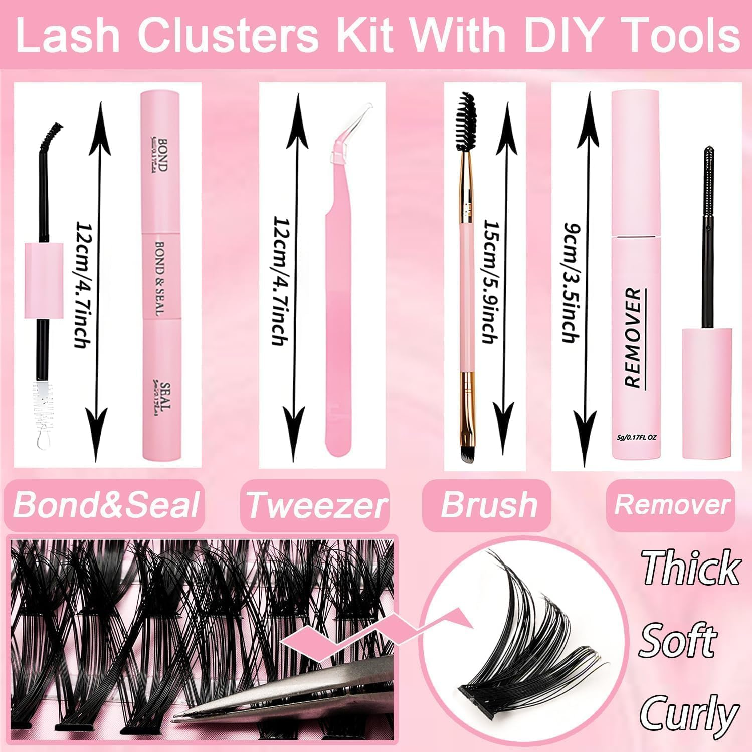 Lash Clusters Kit, 640 Pcs Eyelashes Clusters Extensions Kit 9-16Mm Individual Lashes D Curl Flufffy Wispy False Eyelashes Thin Band, with Bond Seal Tweezers Brush DIY (30D+40D+50D+60D Set 9-16Mm) image number 5