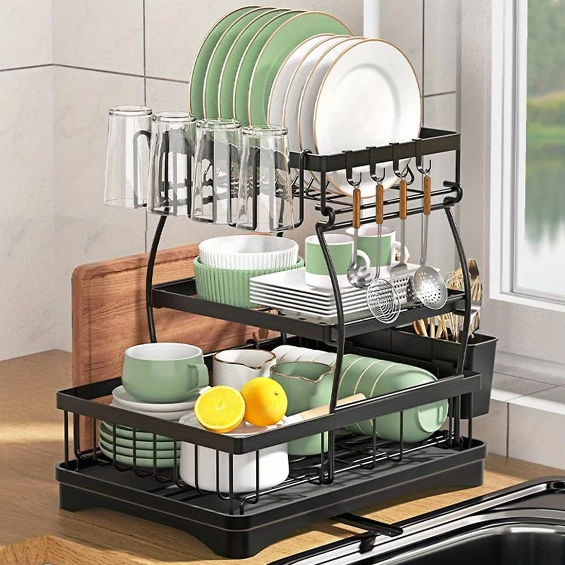 MUVKQC 3-Tier Dish Drying Rack, Dish Rack with 360&deg; Rotating Drainer Board, Large Dish Drainer with Utensils Holder, Rustproof Drying Rack for Kitchen Storage & Organisation