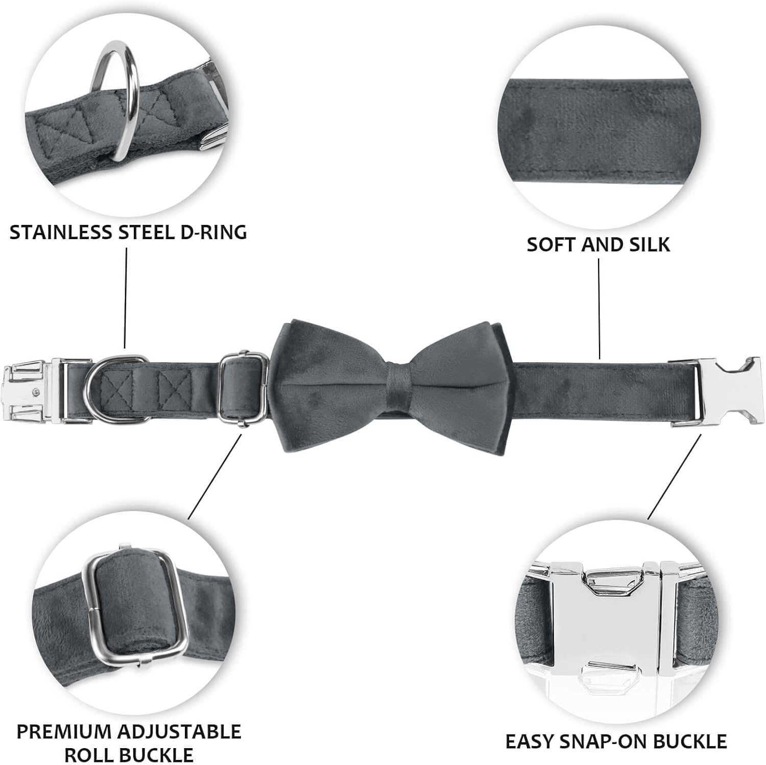 Asvin Dog Collar with Dog Bow Tie, Removable Dog Collar, Personalised Dog Collar, Zinc Alloy Link Buckle, Adjustable Dog Collar, for Dogs, Small, Medium, Large Dogs image number 5