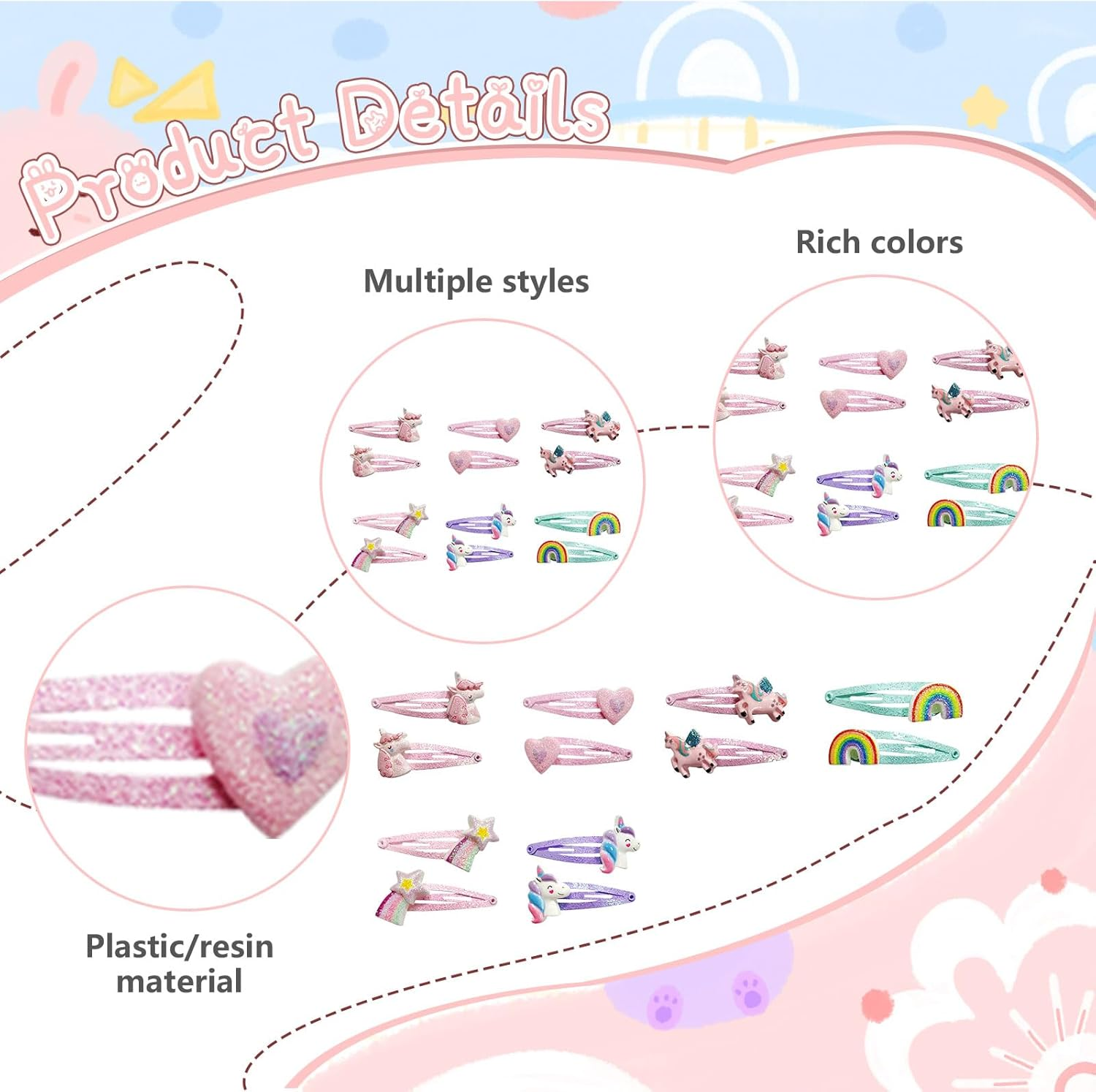 Mrltau Pack of 12 Children'S Hair Clips, Multicoloured, Unicorn Hair Clips for Girls, Hair Clips, Girls' Hair Clips, Cartoon Clips, Children, Hair Clips Girls. image number 4