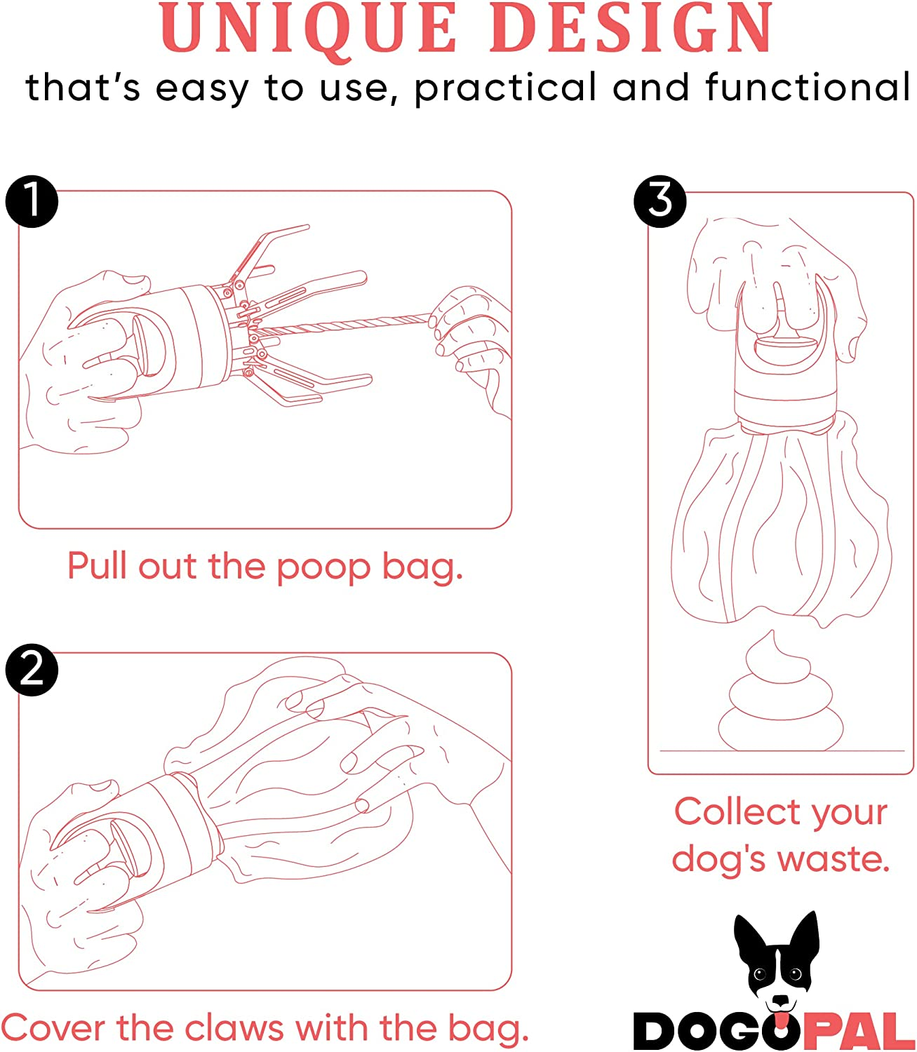 DOGOPAL 360 Dog Poo Grippers with Waste Bag Dispenser - Modern Dog Poop Scoop with Dog Waste Bag Dispenser - Pooper Scooper - Easy to Collect Dog Waste for Small, Medium and Large Dogs image number 3