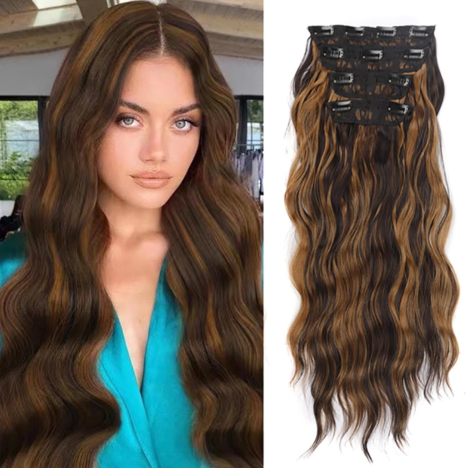 DKDDSSS Clip-In Extensions, 4 Pieces Brown Hair Extensions, Clip-In Hair Extensions, 55 Cm, Synthetic Hairpiece, Hair Extensions with Clips, for Women and Girls image number 3