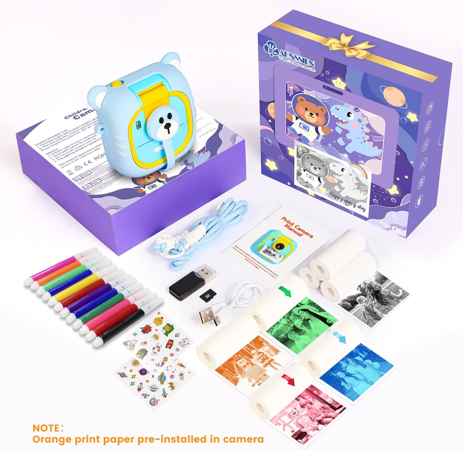 ARNSSIEN Kids Camera Instant Print, 7 Print Paper (4 Color: O/R/G/B+3 B&W), 2.4" Screen Instant Camera for Kids Ages 3-12,1080P, 180&deg;Flip Lens,32Gb Card- Christmas Birthday Present for Boys & Girls,M2 image number 3