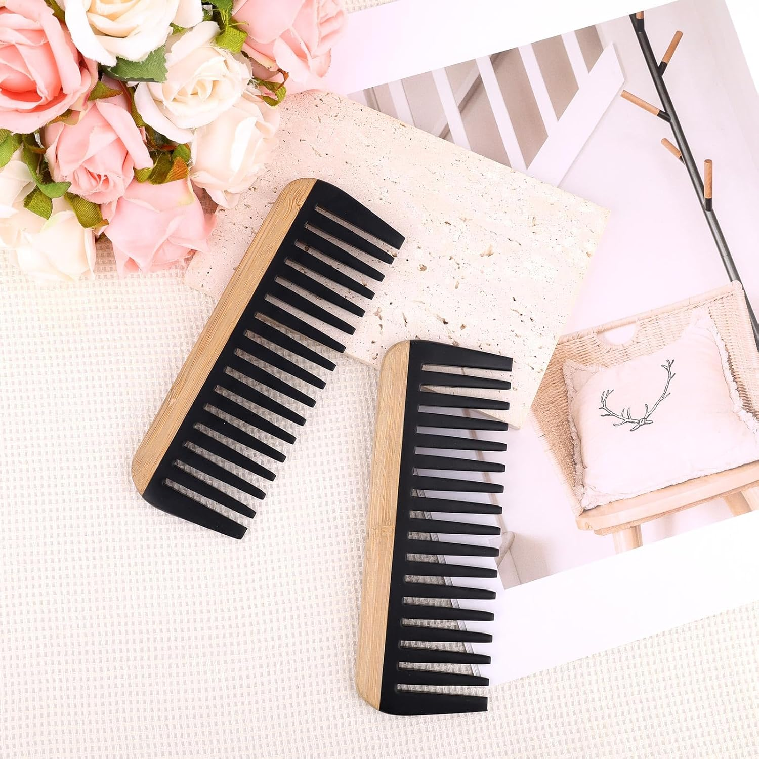 2Pcs Bamboo Wide Tooth Comb Set, Natural Wooden Combs with Bakelite Teeth, Anti-Static Detangler Comb Hair Styling Tool for Women Men Curly Long Short Thick or Fine Hair
