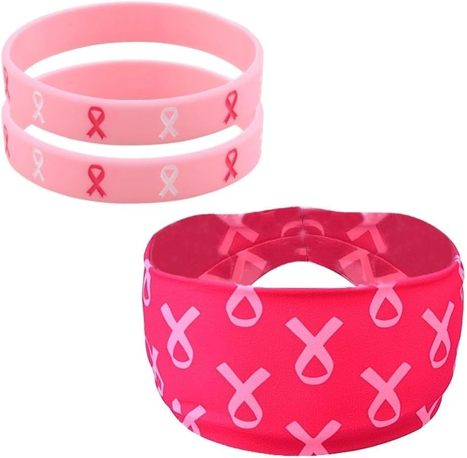 Breast Cancer Awareness Headbands Bracelet Set for Women Pink Ribbon Wristband Hair Band for Breast Cancer Month Events