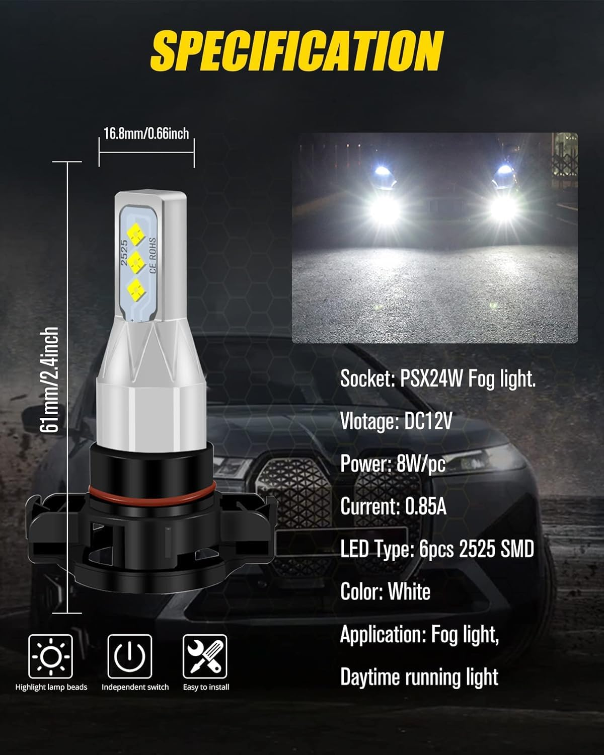 HOCOLO 2X L2 5202 6000K LED Fog Light Bulbs Set, 6000LM 6-2525-SMD Ceramic Lamp Beads, Plug and Play Fog Lamps Replace Bulb for Cars Vehicle ATV/UTV off ROAD LIGHT (White, 5202/H16/PS24W) image number 3