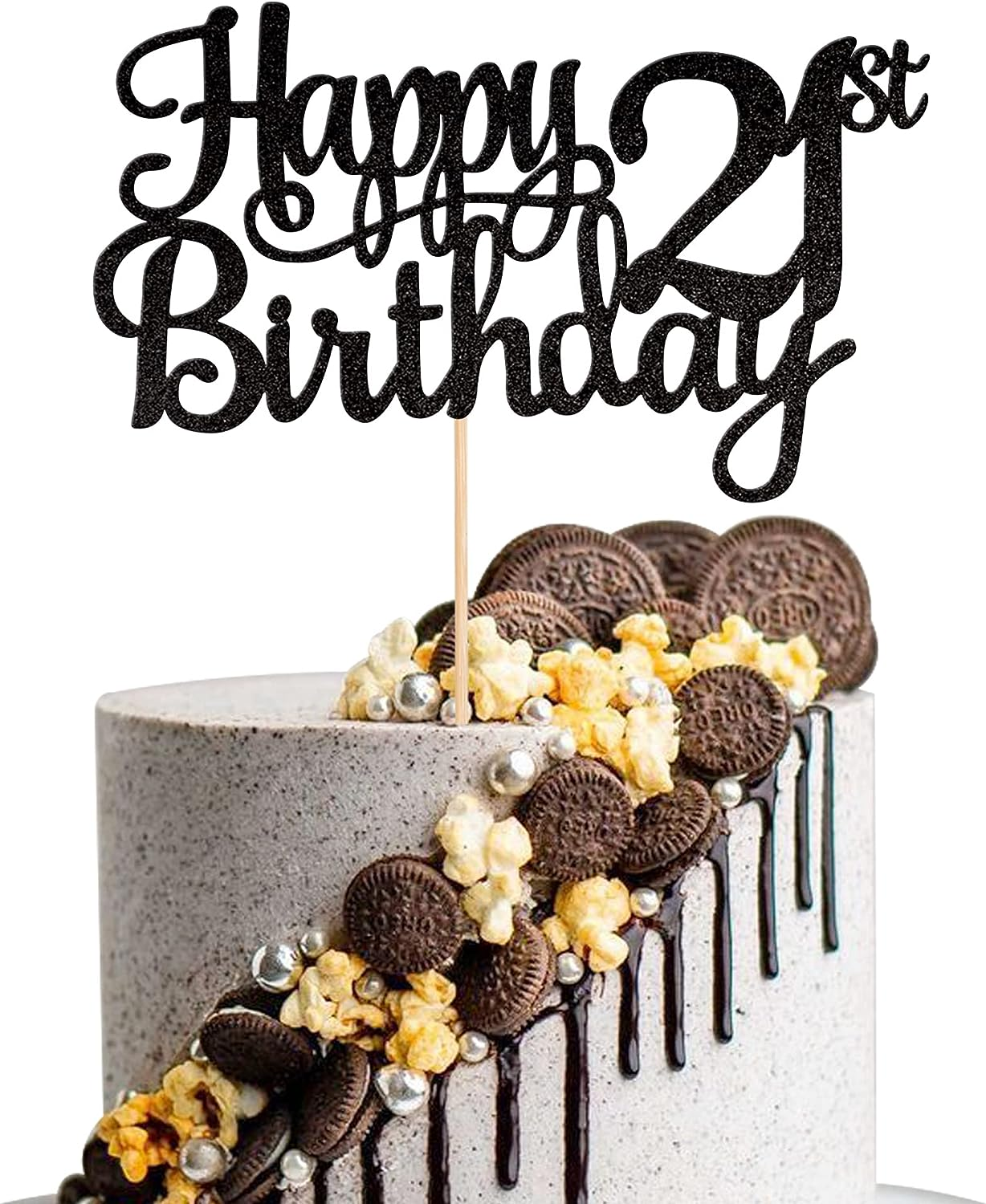 1 PACK Happy 21St Birthday Cake Topper Glitter Cheers to 21 Years Birthday Cake Pick 21 Fabulous Cake Decoration for Happy 21St Birthday Theme Party Decorations Supplies Black