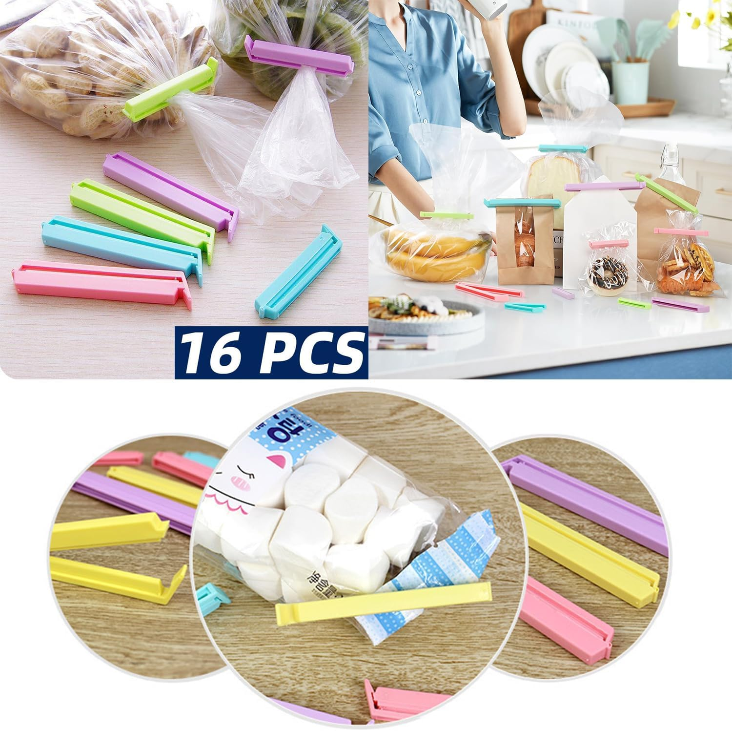 Yharnamite 16 Pcs Bag Sealing Clips, 3 Sizes Reusable Plastic Food Clips Bag Clips, Sealing Clips for Food Storage, Keeping Food Fresh image number 6