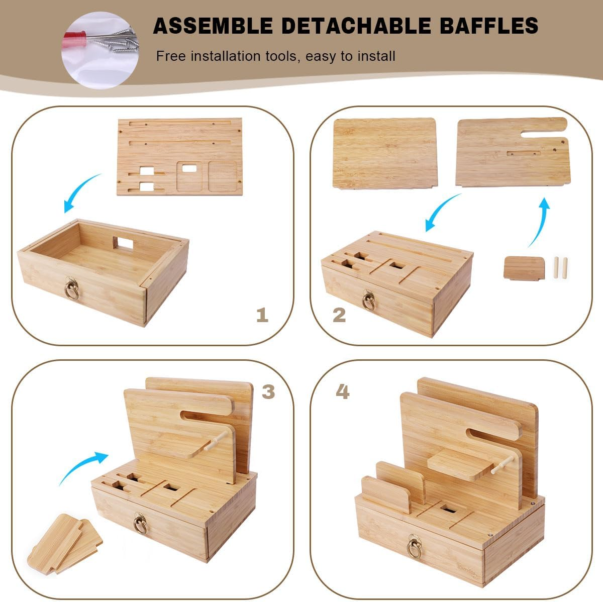 Bamboo Multiple Device Desktop Charging Dock Station Watch Organizer Key Holder with Drawer for Iwatch,Airpods,Ipad,Smartphones,Tablets,Kindles image number 6