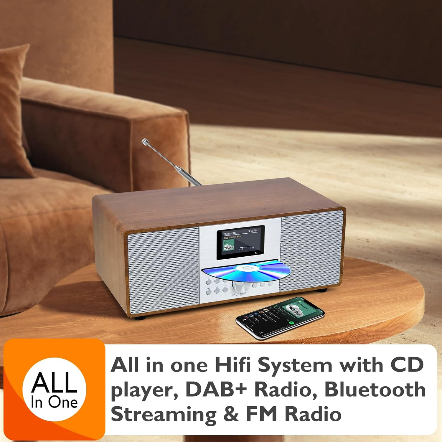 Mangokit MS4 CD Player DAB Radio Hifi System I Bluetooth I Powerful Stereo System I Digital Radio Dab+Iacoustic Wood Cabinet I CD Player with Speakers 100W I 40 Presets,Headphone Jack I Walnut Finish image number 3