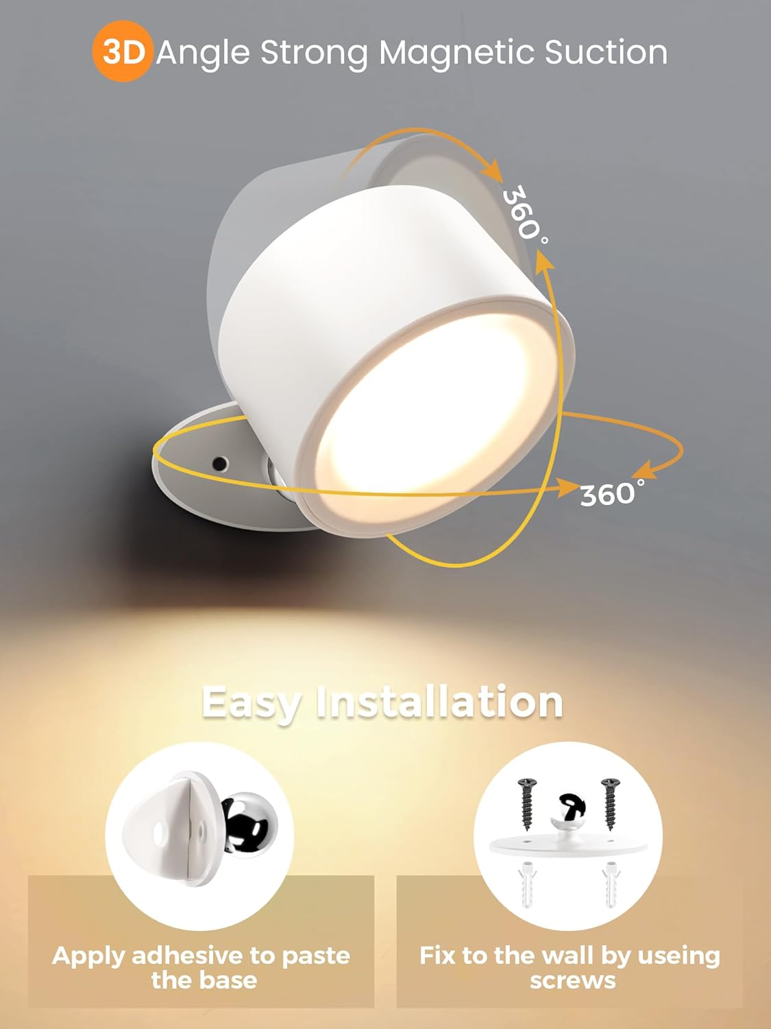 LED Wall Lights Battery Powered, 3 Color Temperatures and Dimmable, Wall Light Rechargeable Lamp 360&deg; Rotation Magnetic Cordless Picture Lights for Bedroom - 2 Pack image number 3