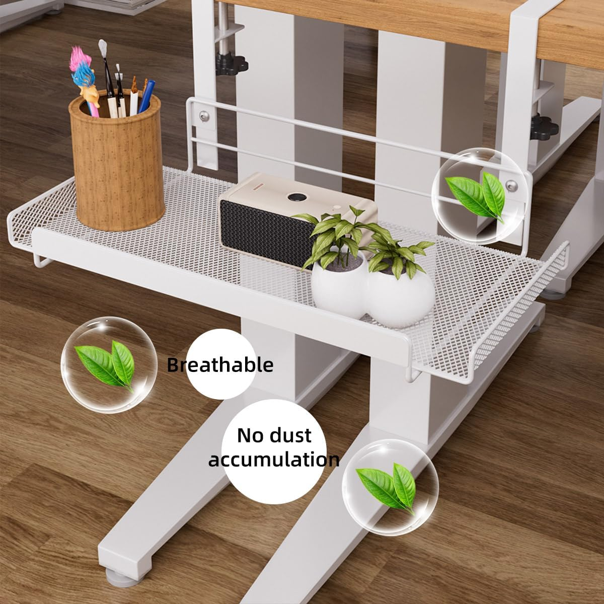 AIMALL Adjustable under Desk Storage Shelf, Non-Perforated Wire Management Rack, 14.4X7.9 Inches, White Mesh, Ideal for Cable & Accessory Organization image number 5