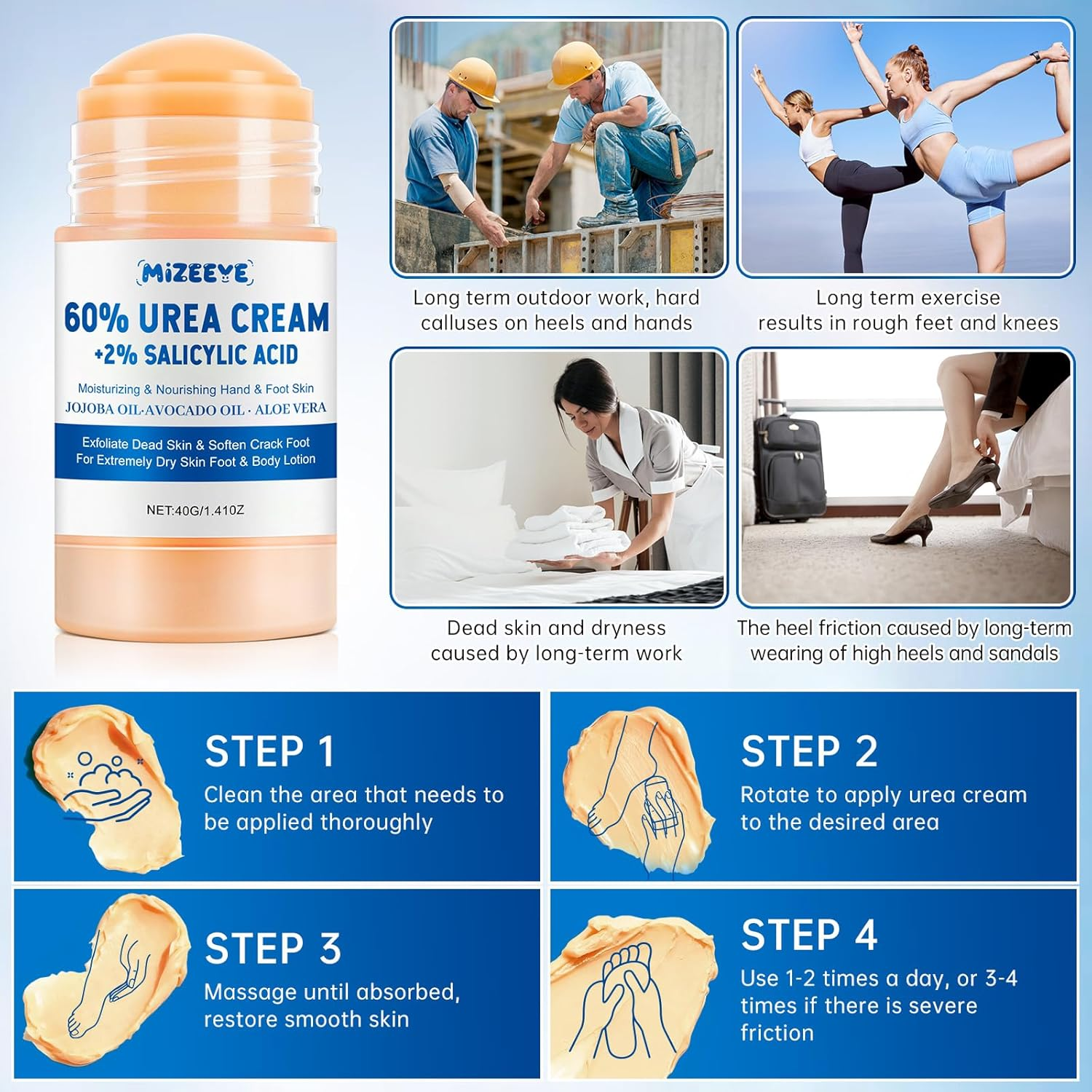 60% Urea Cream Stick with 2% Salicylic Acid, Soften Cracked Skin & Exfoliating, Deep Moisturizing & Repairing Foot Cream for Feet & Heels, Heel Balm with Jojoba Oil, Avocado Oil, 40G image number 5