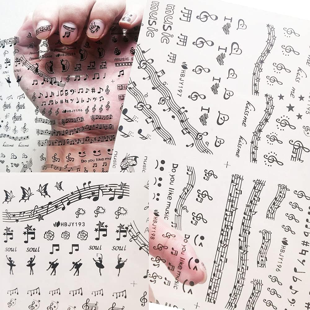Musical Instrument Series Nail Art Stickers, Musical Notes Nail Decals 3D Self-Adhesive Guitar Erhu Piano Keys Microphone Musical Notes Nail Design Manicure Tips Nail Decoration for Women Girls Kids(12 Sheets) image number 2