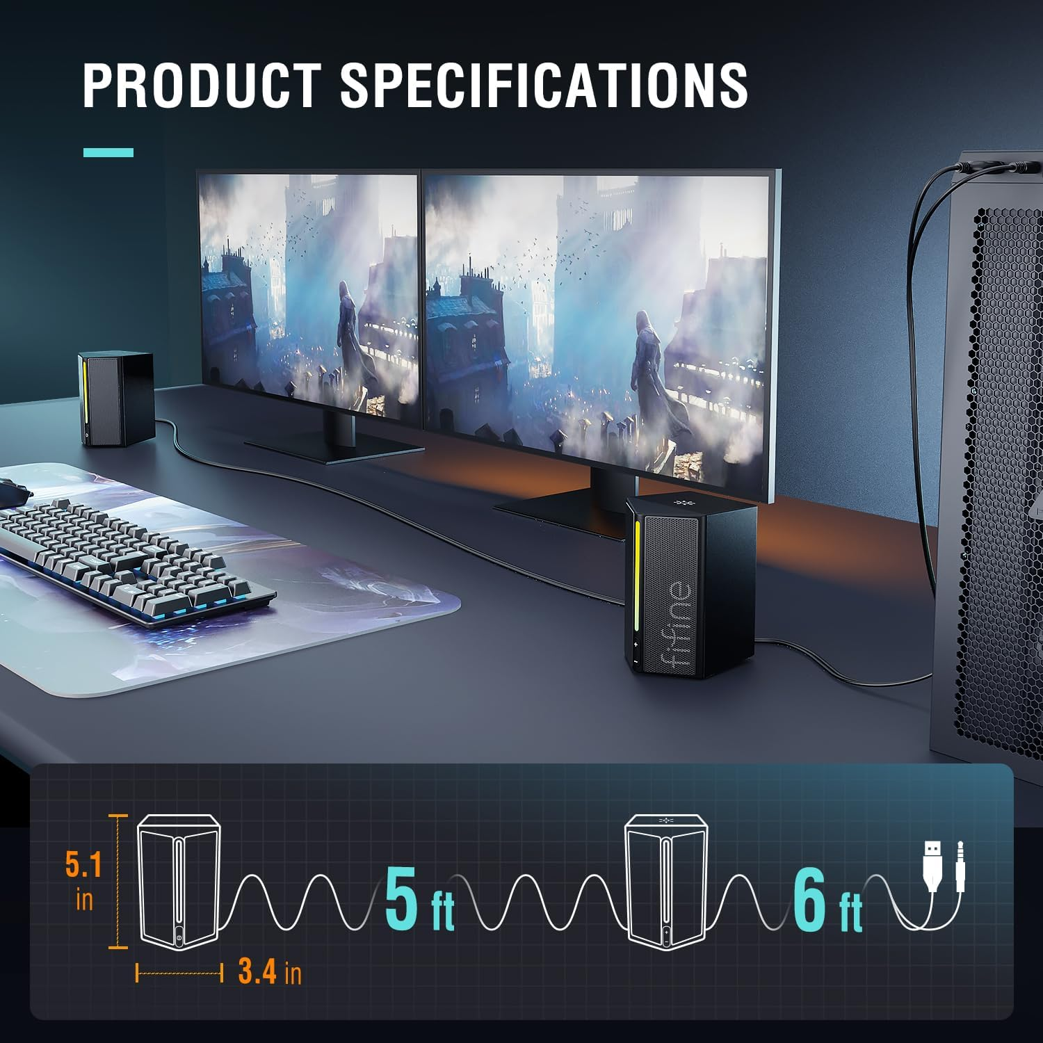 FIFINE Computer Speakers, Gaming Speakers for Desktop with RGB, Volume Control, PC Speakers USB Powered Wired with 3.5Mm Aux Audio Cable for Laptop Monitor Phone Tablet-Ampligame A20 image number 6