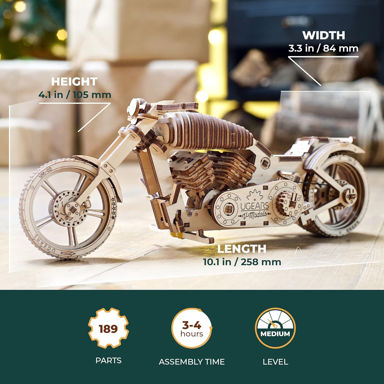 UGEARS 70051 Motorcycle, DIY Technical Model Construction, Project Bike, VM-02 with Rubber Band Motor Model Kit, Wood, Multi, One Size
