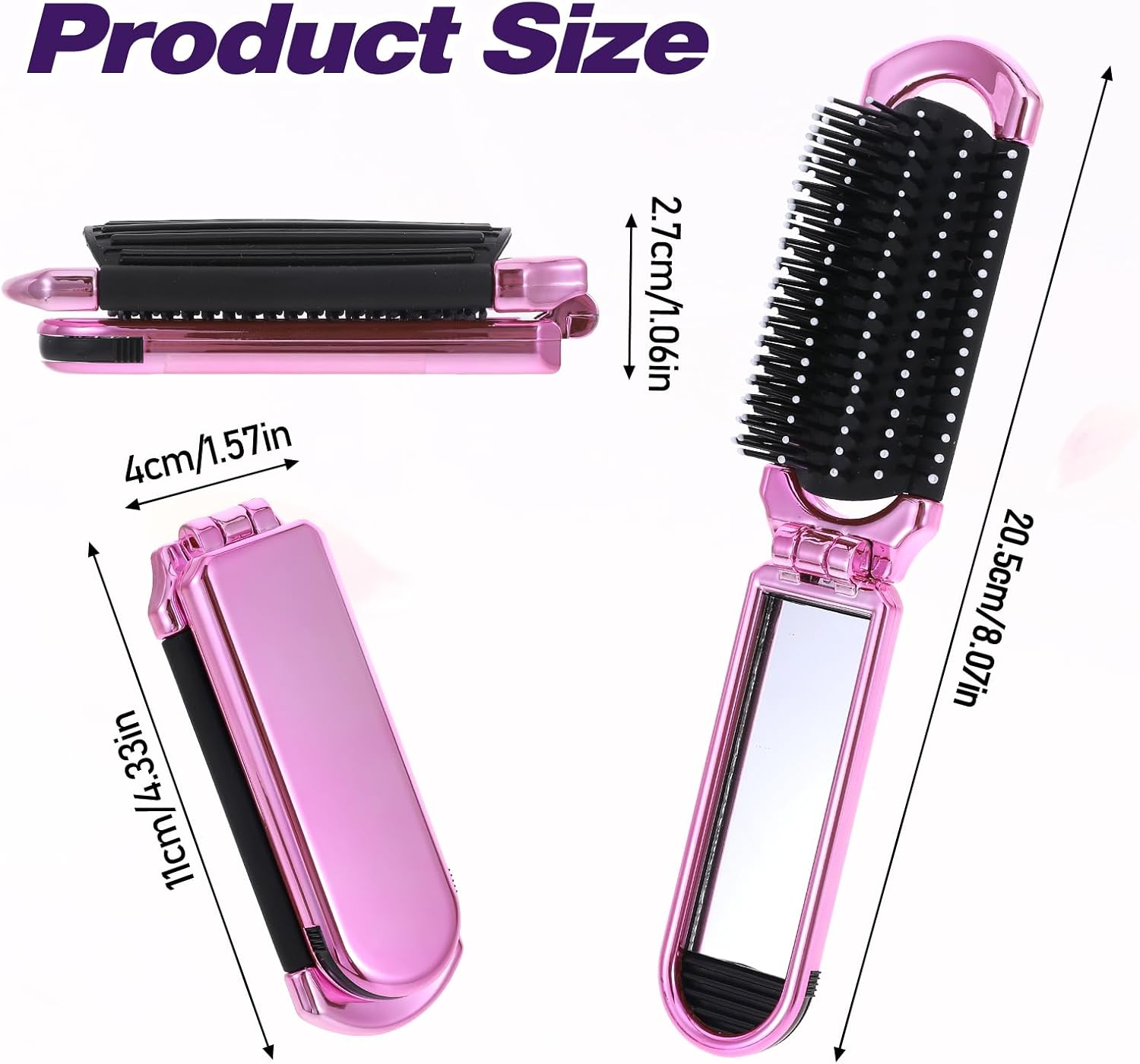 Mozeat Lens Mini Travel Hair Brush, Small Foldable Hair Brush, Compact Hair Brush with Mirror Nylon Bristles for Women and Men, Portable Pocket Comb for Car, Sports Bag, Handbag (Electroplating Pink) image number 2