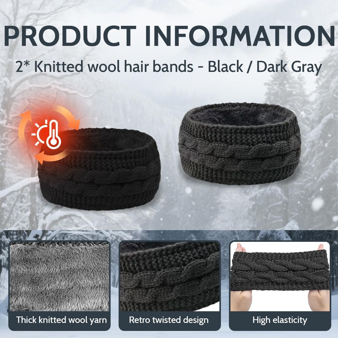 GGUFAY Women'S Winter Headband, Knitted Warm Headbands, Ear Warmers, Headband, Hair Band, Thick for Women and Girls, Elastic Crochet Thermal Headband (Black, Dark Grey) image number 2