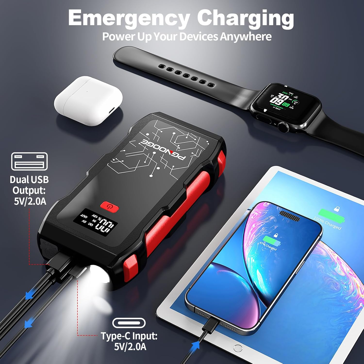 PGNOOGE 26800Mah 6000A Peak Car Jump Starter, Car Battery Booster for All Gas and up to 10L Diesel Engines, 12V Auto Emergency Jumper Starter with Flashlight, LED Display, USB Fast Charging image number 5