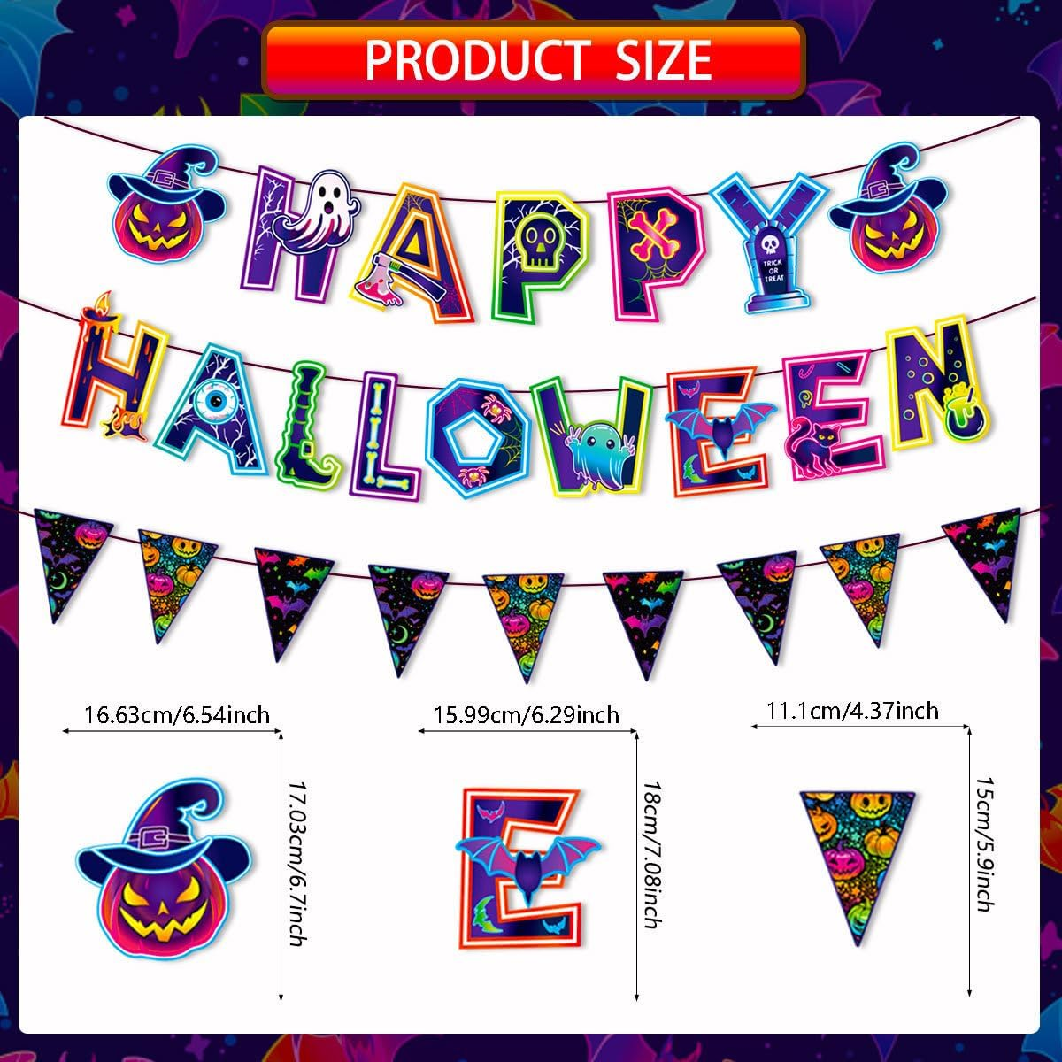 Neon Halloween Party Decorations Kit Glow in the Dark Halloween Background Banner Cake Toppers Balloons Ribbons 20 Pcs 12 Inch Latex Balloons for Black Light Halloween Decor Halloween Effect image number 6