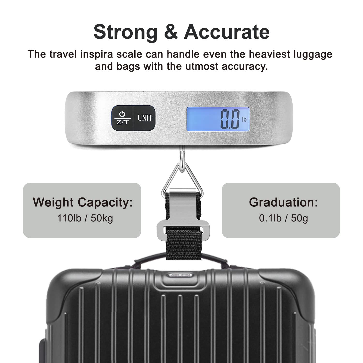 Travel Inspira Luggage Scale, Portable Digital Hanging Baggage Scale for Travel, Suitcase Weight Scale with Rubber Paint, 110 Pounds, Battery Included - Silver image number 3