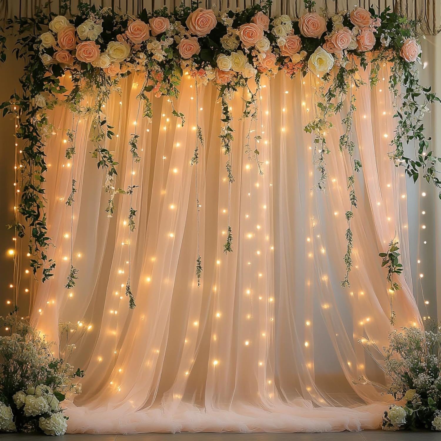 HOLITS Tulle Backdrop with Fairy Lights for Parities Wrinkle-Free Sheer Curtain Drapes Photo Back Drop for Wedding Baby Shower Bridal Shower Birthday Home D&eacute;cor-10Ft&times;8Ft, Champagne