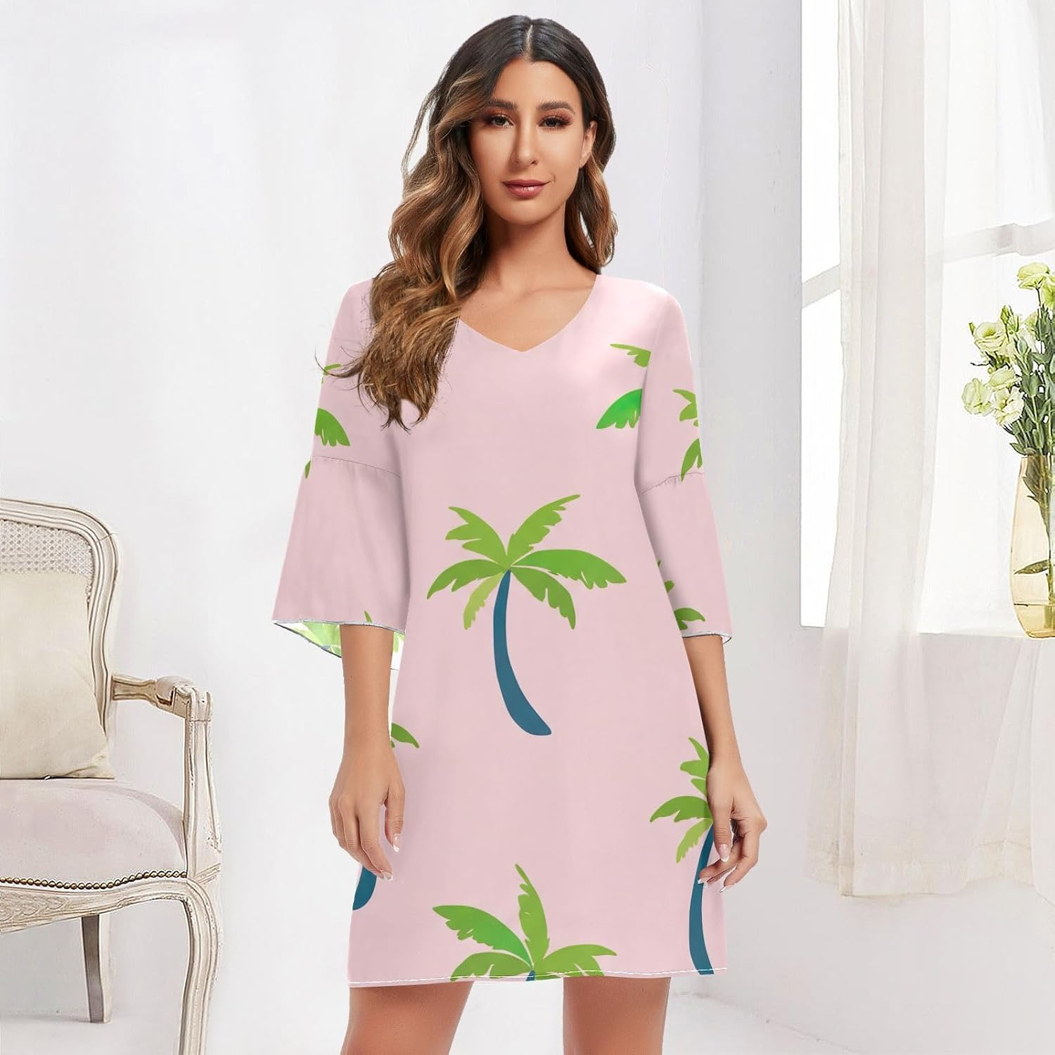 Cartoon Palm Trees Pink Short Dress Printed Maternity Dress Party S-XXL image number 1