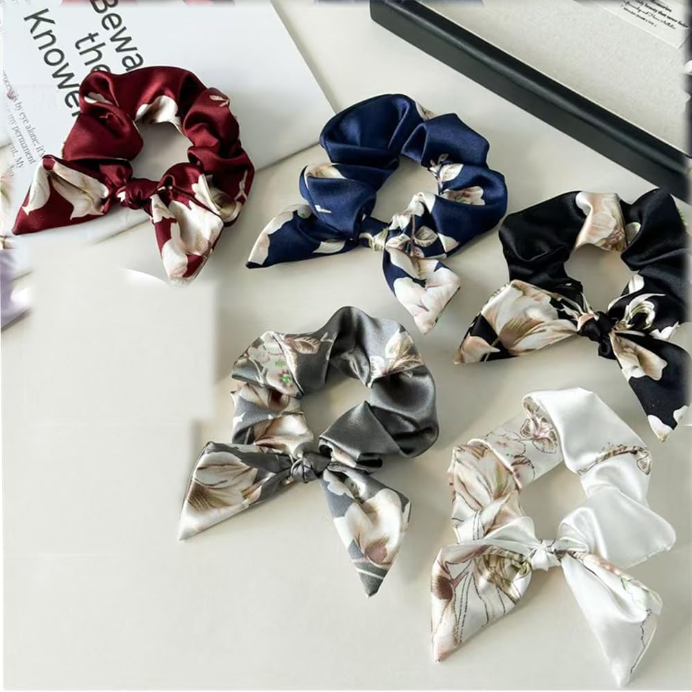 Hair Scrunchie with Bow, Satin Silk Bowknot Hair Bobbles, Ponytail Holder, Elastic Velvet Hair Band, Silk Scarf, Rabbit Ears Shape for Women (Style A, Pack of 6) image number 3