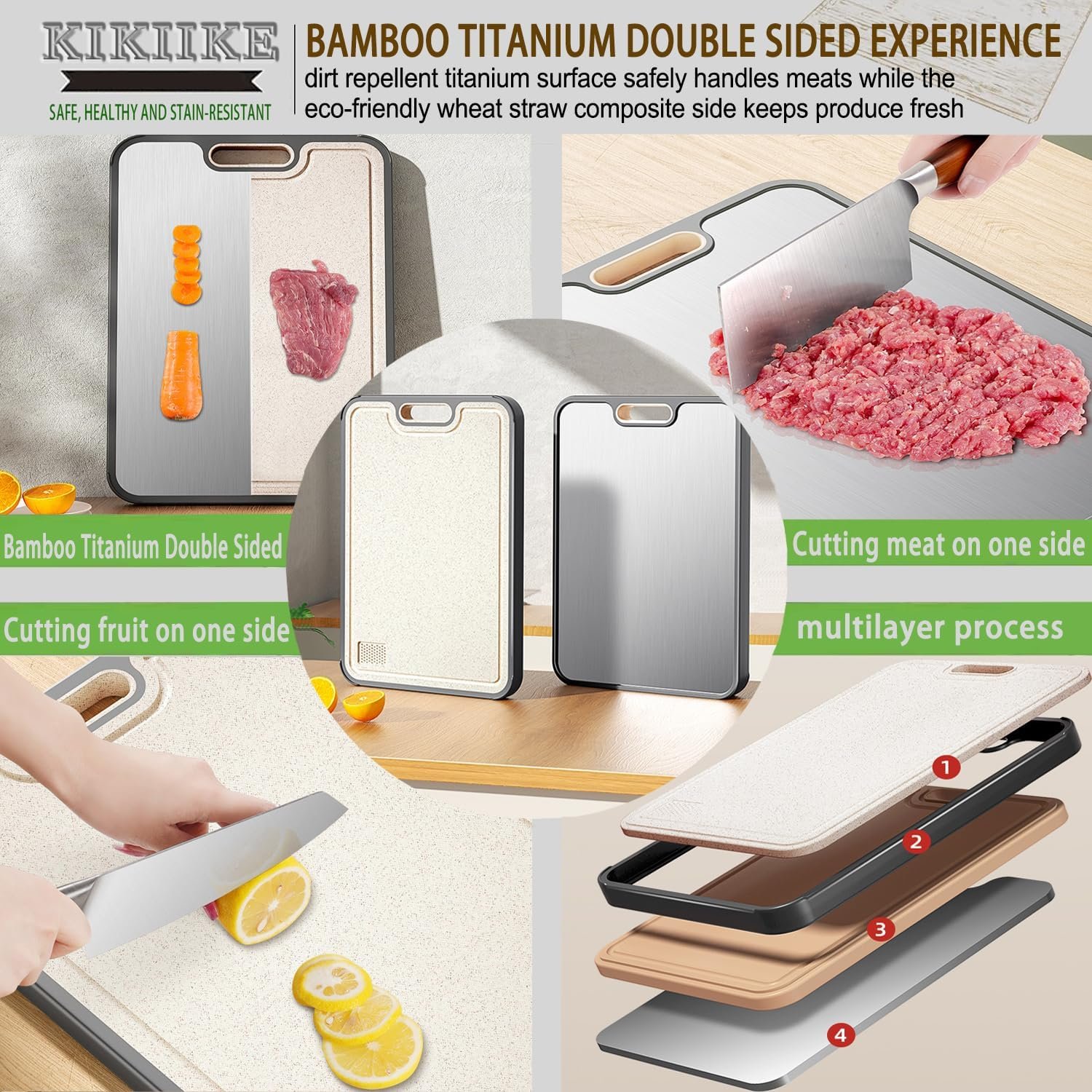 Titanium Cutting Board Double Sided,Pure Titanium Cutting Boards for Kitchen Double Sided Food Grade, Pure Titanium and Wheat Straw PP, Non-Stick Durable and Easy to Clean (Large)