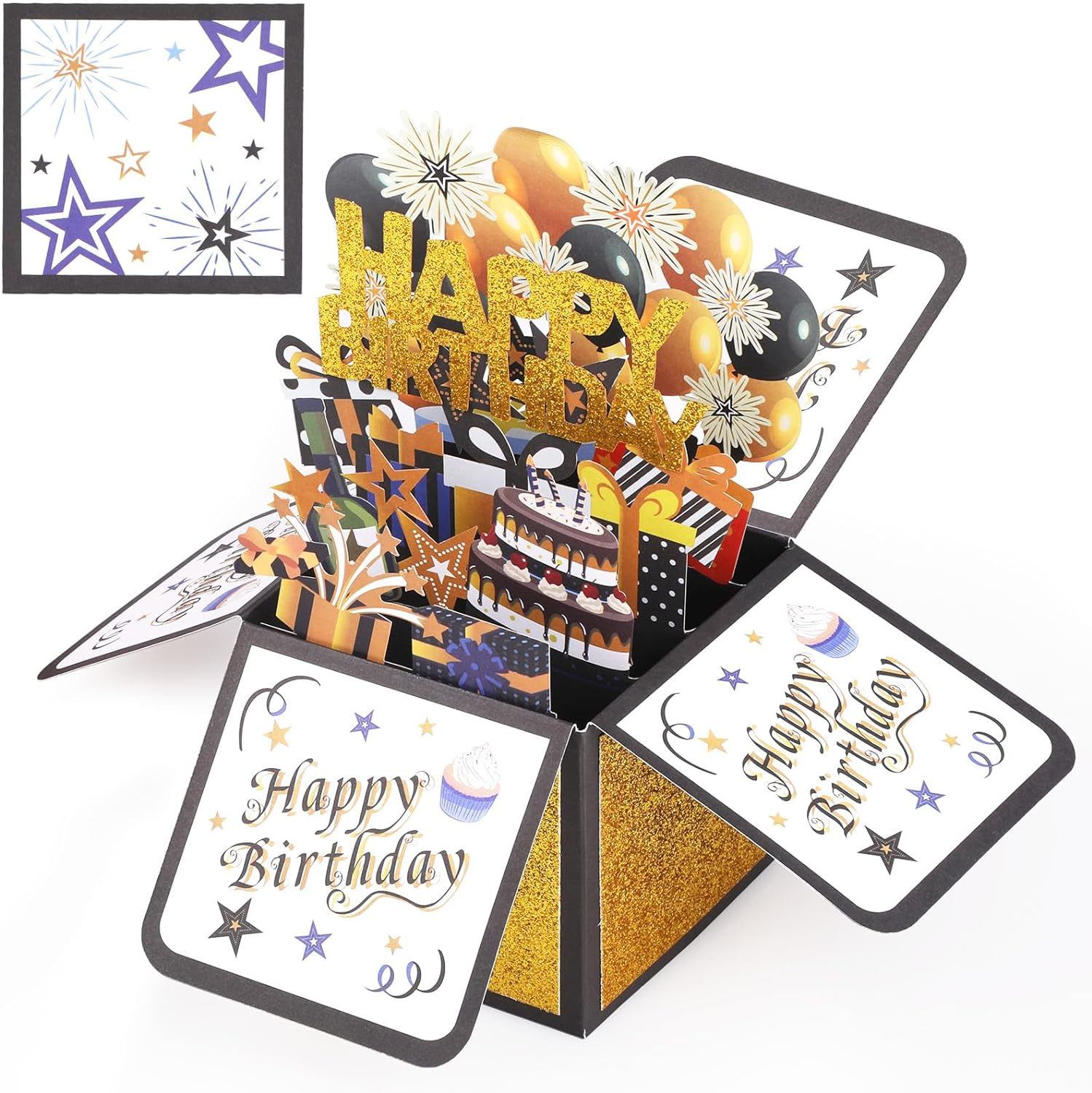 Bighan Pop up Happy Birthday Card, 3D Happy Birthday Pop up Greeting Boxed Cards Anniversary Pop up Cards for Kids Men and Women Family, Black Gold