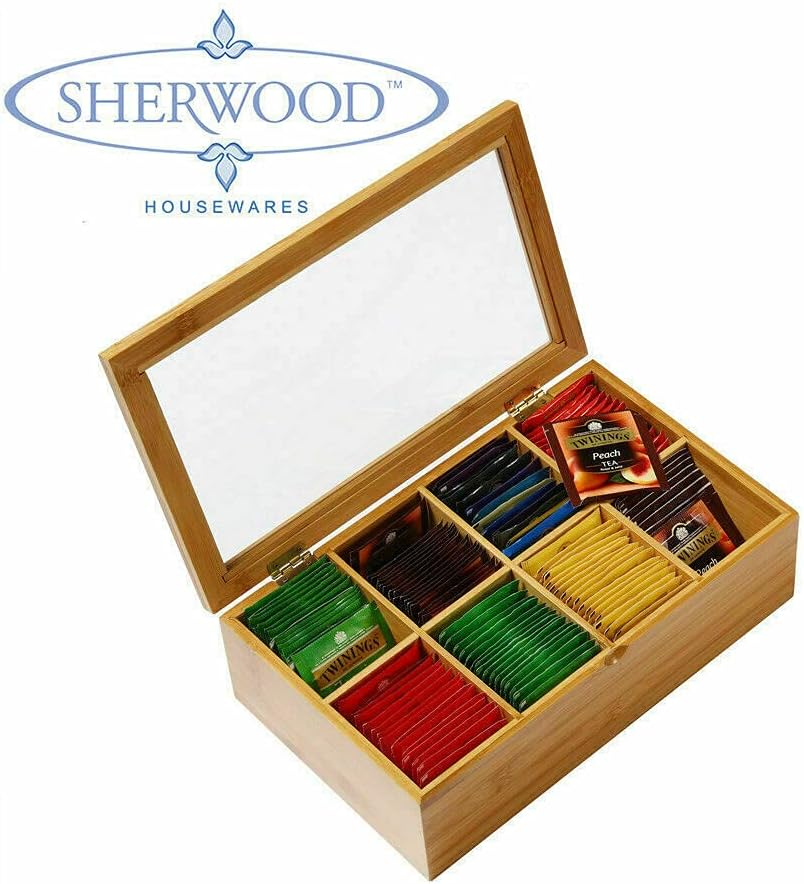 Sherwood Bamboo Tea Box Wood Organizer 8 Slot Container Chest Holder Tea Bag Storage Compartments Durable Eco-Friendly 8 Divider Compartments Top Lid - Small Accessories - Stylish Storage Solution image number 1