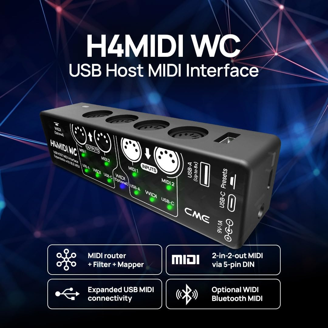 CME H4MIDI WC &ndash; Advanced USB Host MIDI Interface with Router, Filter, Mapper, Optional WIDI Bluetooth MIDI, Standalone 9V Power Mode - Perfect for Guitarists and Producers image number 2