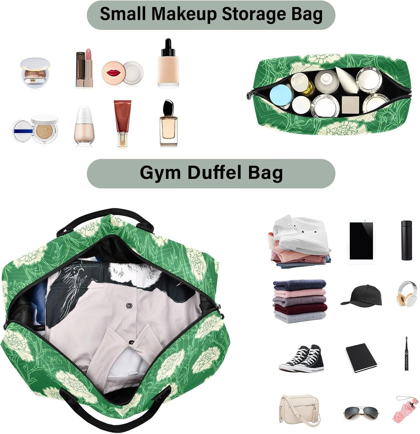 Overnight Travel Duffel Bag Travel Weekender Gear Bag Gym Carry on Duffel Bags with Adjustable Strap for Business Trips Waterproof, Carnation Lace Grass Green image number 5