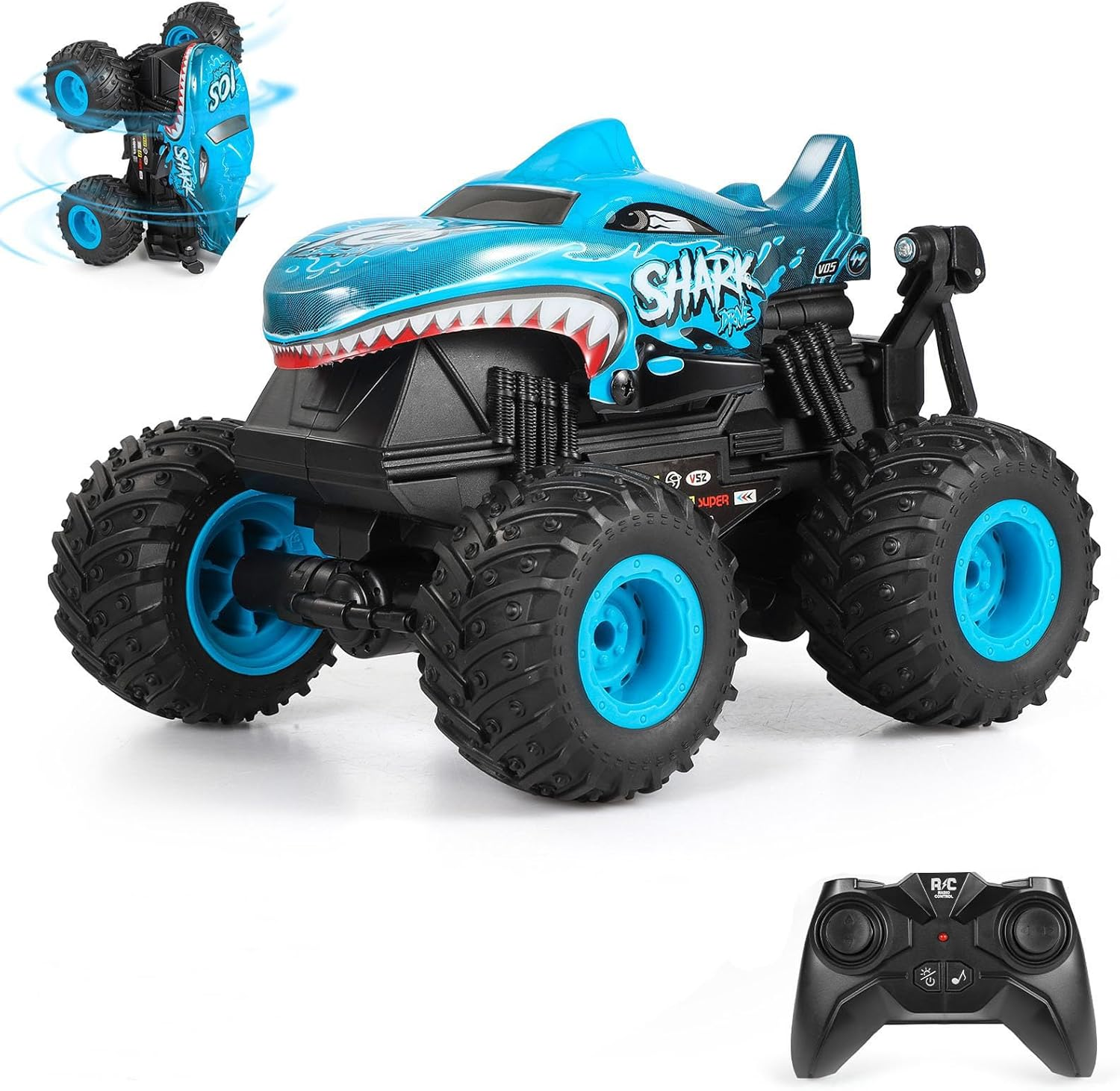 Remote Control Car, 2.4Ghz All Terrain Dinosaur Monster Truck Toys, RC Truck with Music, 3 Lighting Effects, 360 Stunt Capable, All Included Ready to Run, Toy Gifts for Boys and Girls (Cyan)