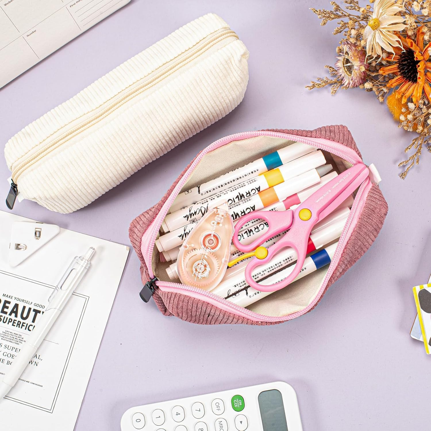 Pencil Case,Small Portable Corduroyfabric Pen Holder Storage Bag for Home School Office,Makeup Pouch Cosmetic Bag Office Stationery Organizer for Girls Boys Kids Adult (Pink) image number 4