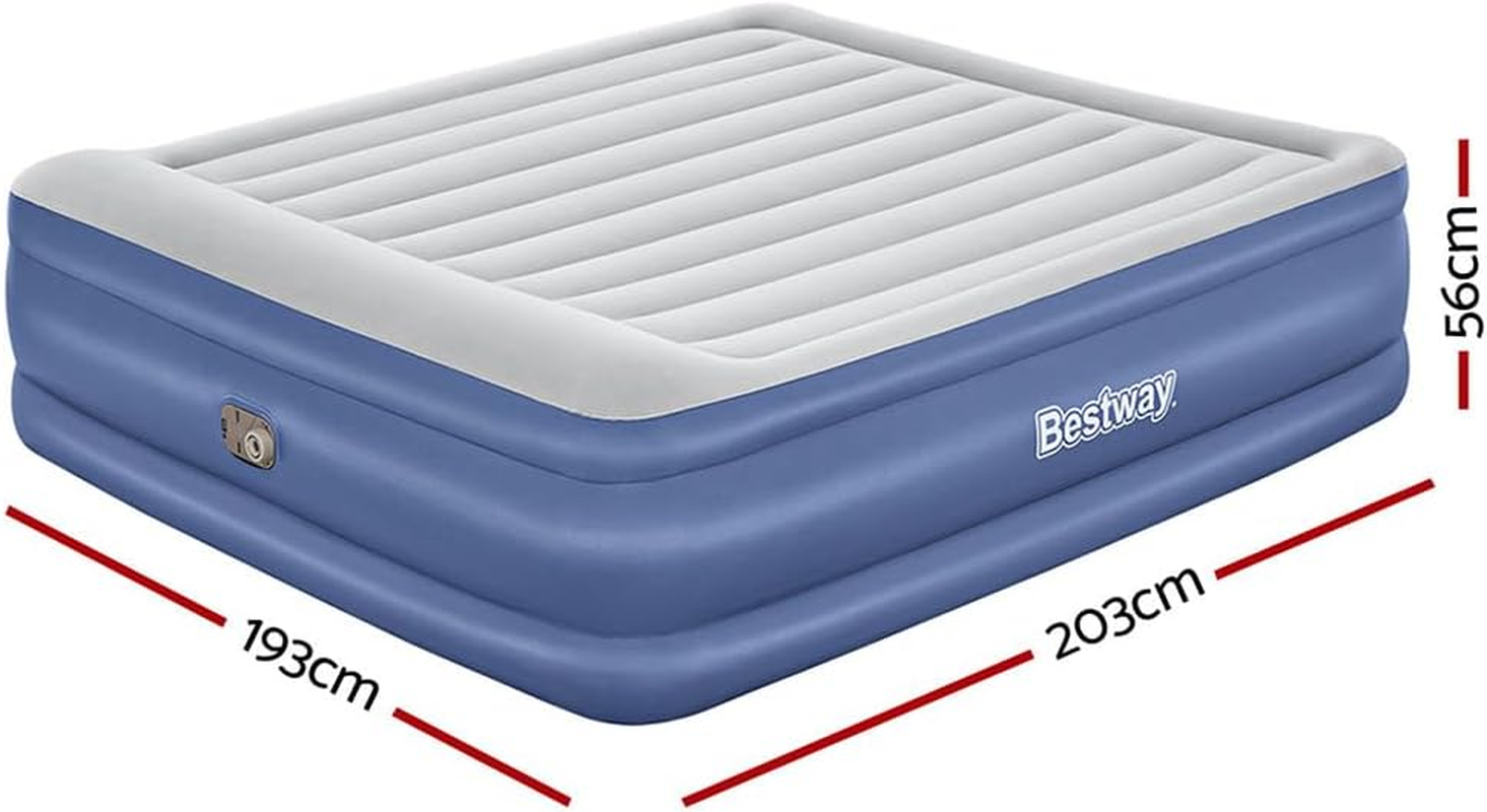 Bestway King Air Mattress with AC Pump, Camping Inflatable Bed Beds Blow up Sleeping Airbed Indoor Outdoor Hiking Travel Holiday Car Airbeds, Carry Bag Pillow Flocked Surface Blue image number 4