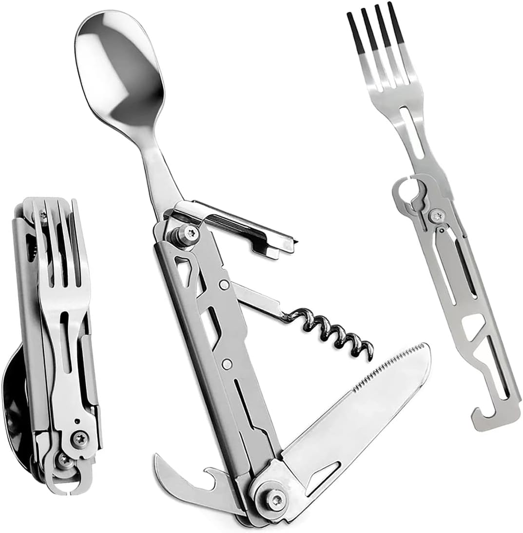 HONZIN Camping Utensil Set 5-In-1 Multi Functional Folding Flatware Set, Pocket Utensil Set Portable Stainless Steel Knife, Spoon, Fork, Bottle Opener, Can Opener Combo Set with Carrying Bag image number 5