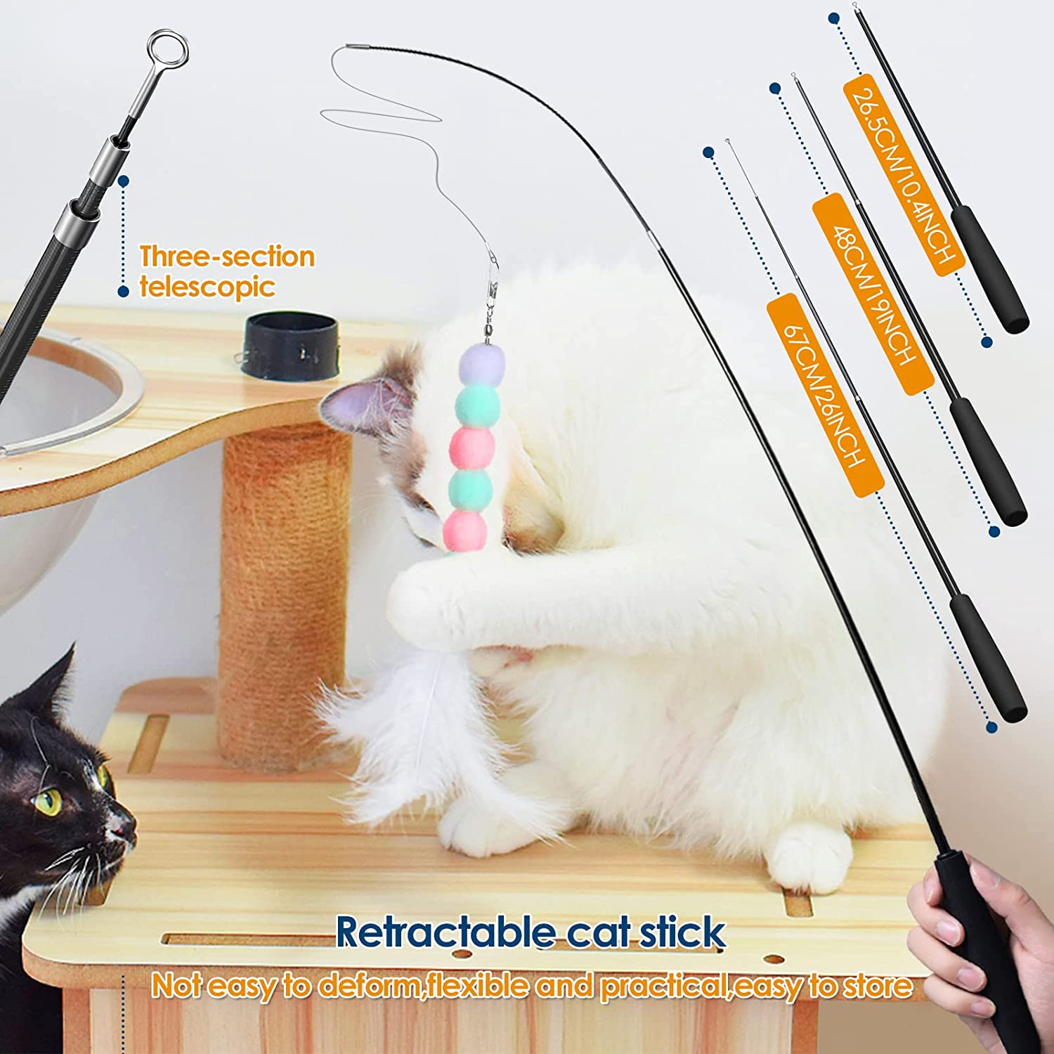 Simpeak 12PCS Cat Toys Feather Teaser Cat Toy, 2PCS Retractable Cat Wand Toys Cat Feather Sucker Toy, 10PCS Replacement Kitten Toys Interactive Catcher Teaser and Funny Exercise for Cats image number 4