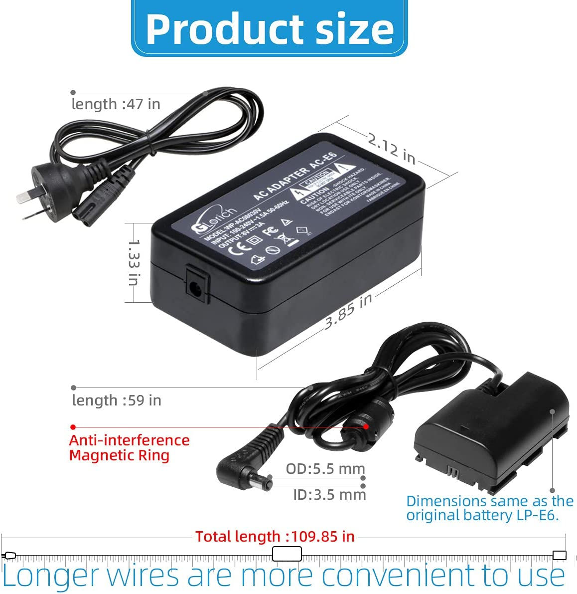 Glorich ACK-E6 AC Power Adapter DR-E6 DC Coupler LP-E6 LP-E6N Dummy Battery Power Supply Kit for Cameras Canon EOS R6 R5 R 90D 80D 7D Mark II 7D 70D 6D 60D 5D Mark IV 5DS with Fully-Decoded Smart Chip
