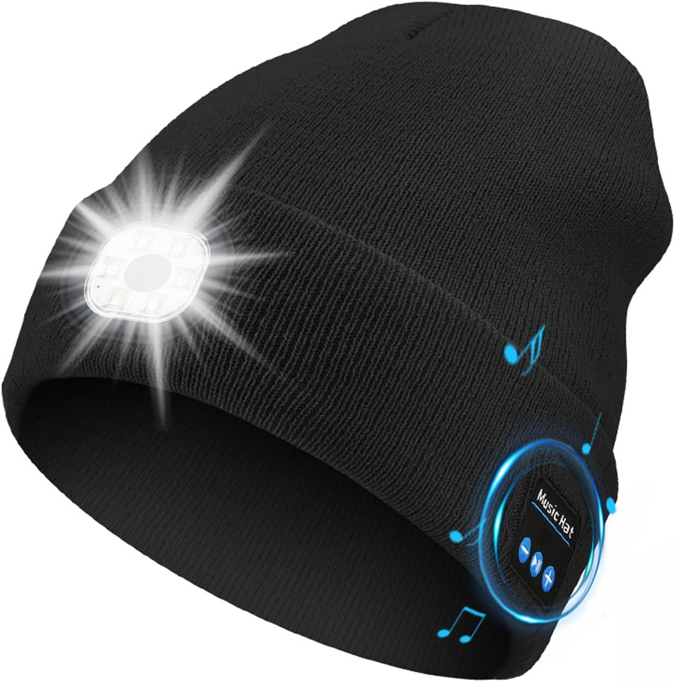 HEYITOP Bluetooth Beanie Hat with Lights,Unisex USB Rechargeable 6 LED Lights Hat,3 Modes (Low, High, Flash),Headlamp Cap with Wireless Headphones Gifts for Men Dad Teen Black image number 1