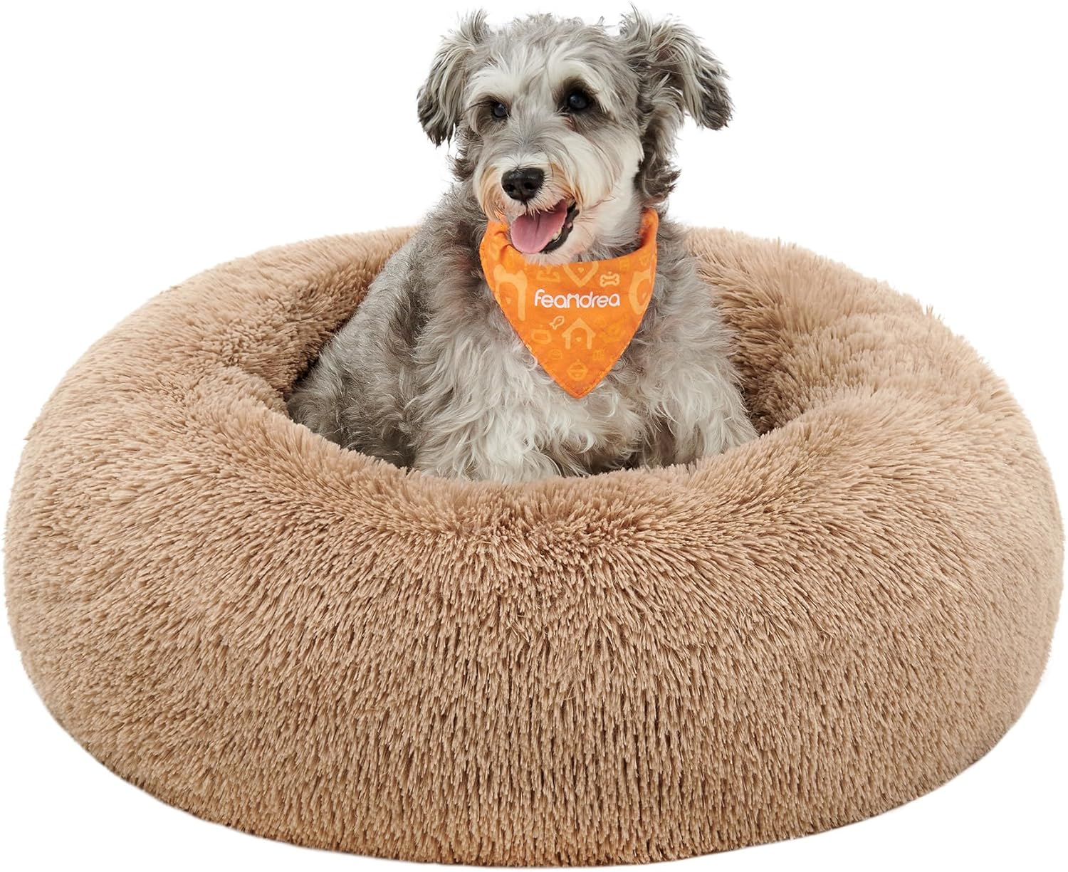 Feandrea Fluffy Dog Bed, Cat Bed, Doughnut Cushion, Washable, Removable Padding in the Centre, Long Plush, 50 Cm Diameter, Ombre Grey PGW037G01