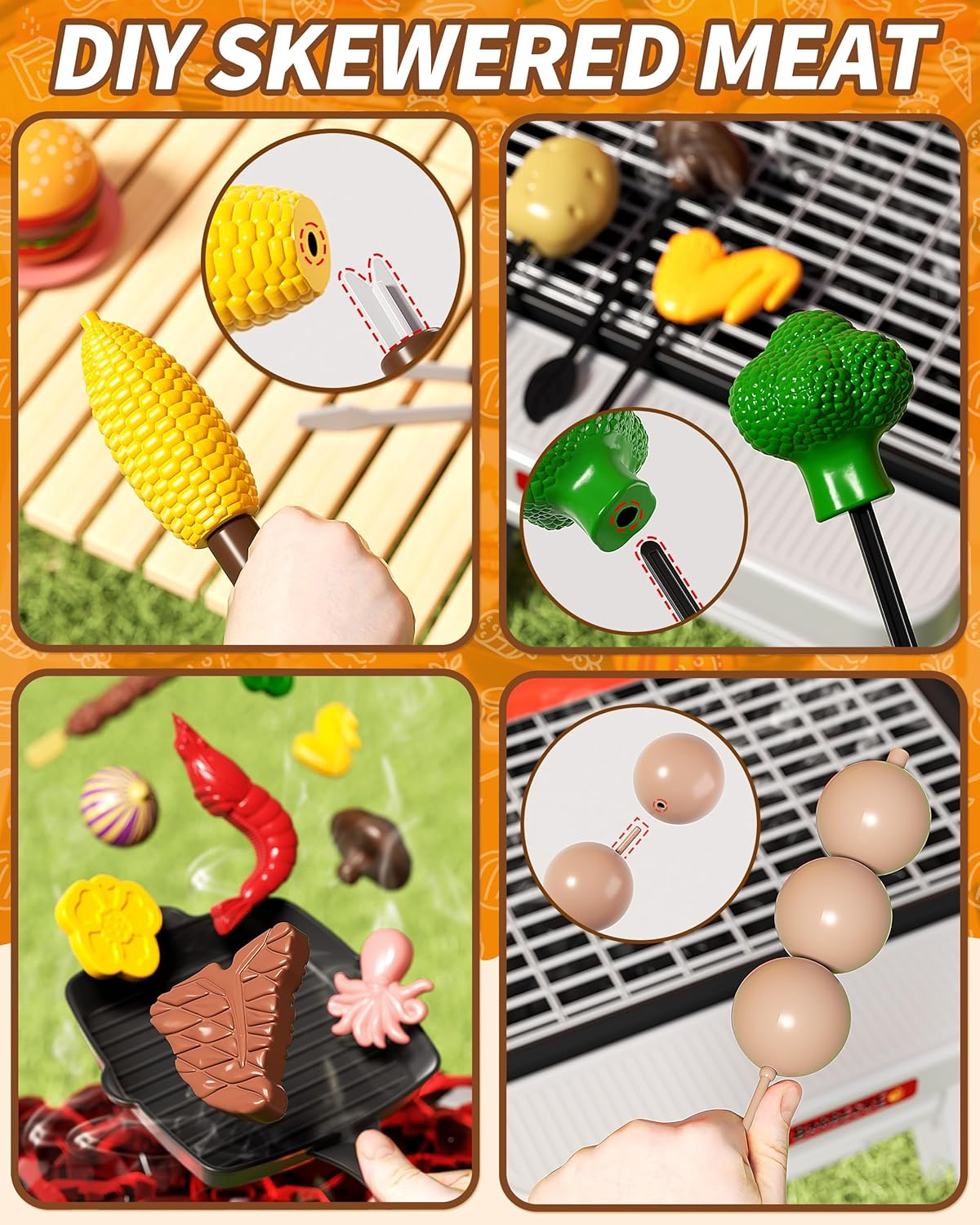 Kids Play Kitchen Toys, Outdoor BBQ Grill Playset with Smoke Sound & Light, Pretend Food Toys Barbecue Cooking Set for Toddlers Boys Girls 3 4 5 6 7 8