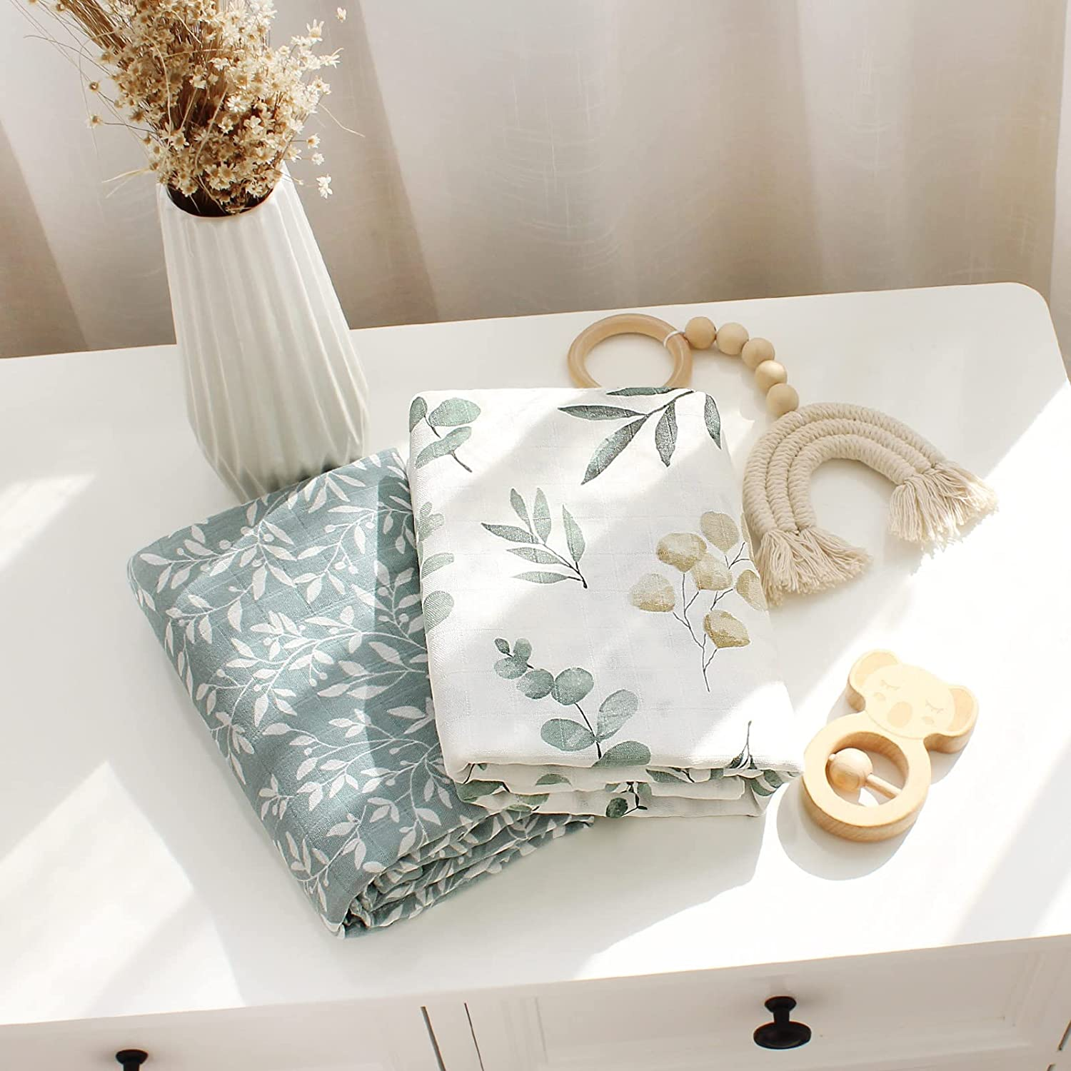 Lifetree Baby Swaddle Blankets, Muslin Wraps Unisex Newborn Receiving Blanket for Boys & Girls, 70% Viscose from Bamboo and 30% Cotton, Soft, Breathable, Large 120 X 120Cm Eucalyptus Pattern - Peach  Pink image number 3