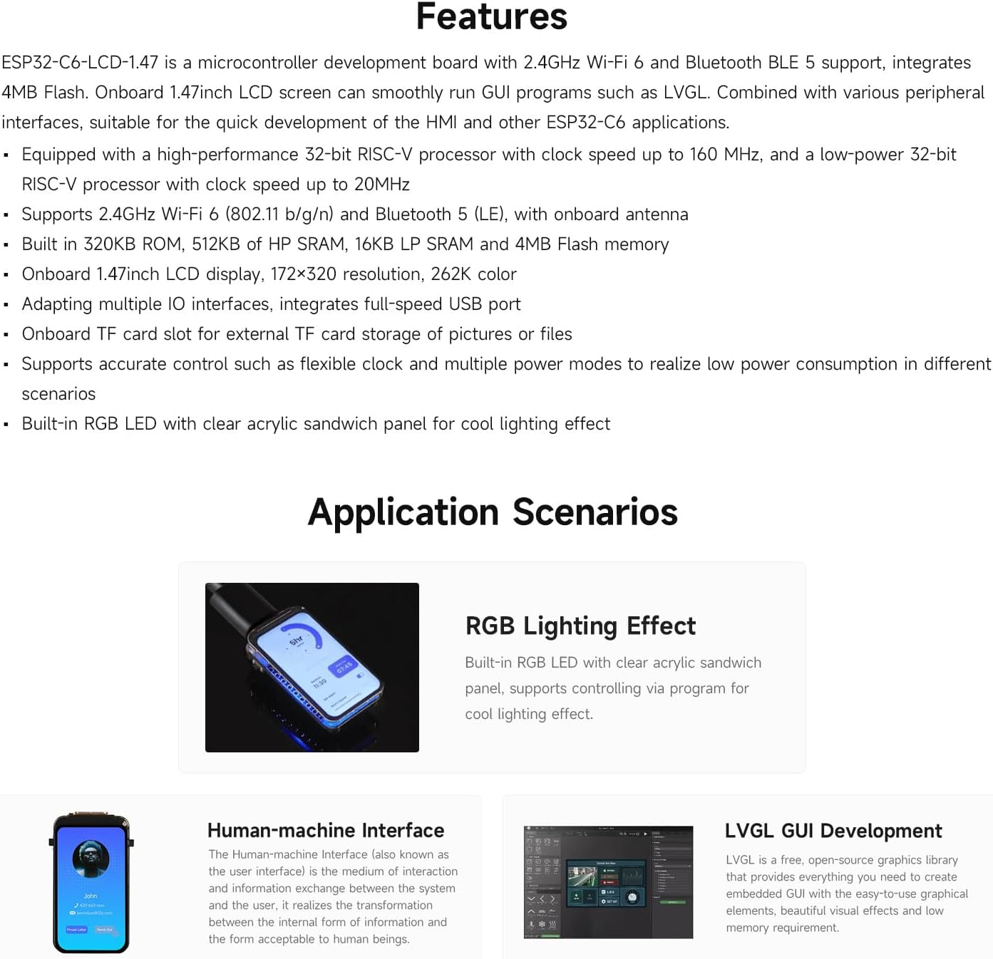 Waveshare ESP32-C6 1.47Inch Display Development Board, 172&times;320, 262K Color, 160Mhz Running Frequency Single-Core Processor, Supports W-F 6 & BLE, with Colorful RGB LED, ESP32 with Display image number 3
