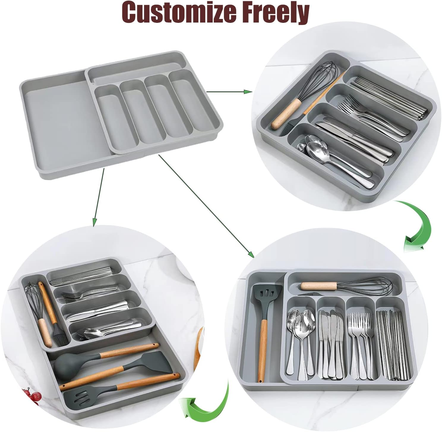 FOREVERIE Extendable Kitchen Utensils Drawer Storage Organiser, 5 Compartments Deep Cutlery Tray Holder for Silverware, Flatware, Knives, Spoons and Forks, Grey - Large Grey With Knife Organiser image number 3