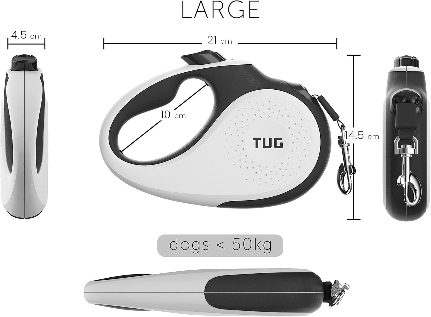 TUG 360&deg; Tangle-Free Retractable Dog Lead for up to 50 Kg Dogs | 5 M Strong Nylon Tape | One-Handed Brake, Pause, Lock (Large, White)